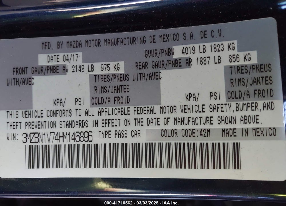 2017 MAZDA MAZDA3 VIN: 3MZBN1V74HM146896