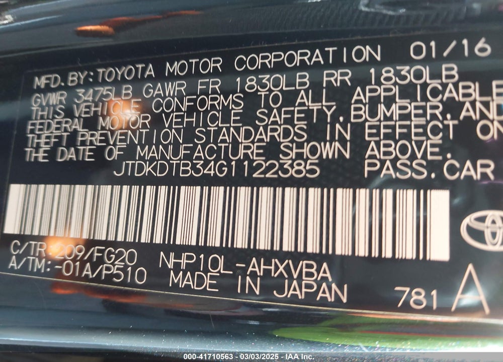 2016 TOYOTA PRIUS C VIN: JTDKDTB34G1122385