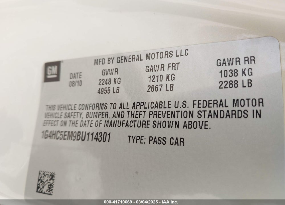 2011 BUICK LUCERNE VIN: 1G4HC5EM9BU114301