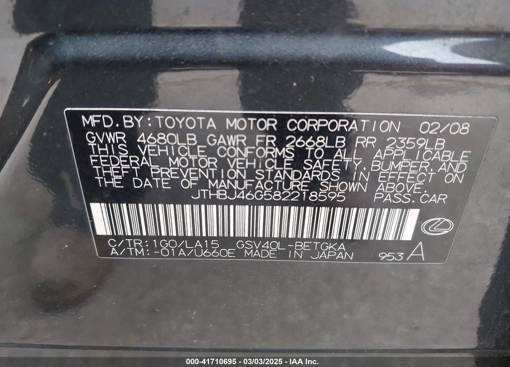 2008 LEXUS ES 350 VIN: JTHBJ46G582218595