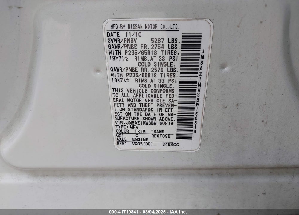 2011 NISSAN MURANO S VIN: JN8AZ1MW3BW160814