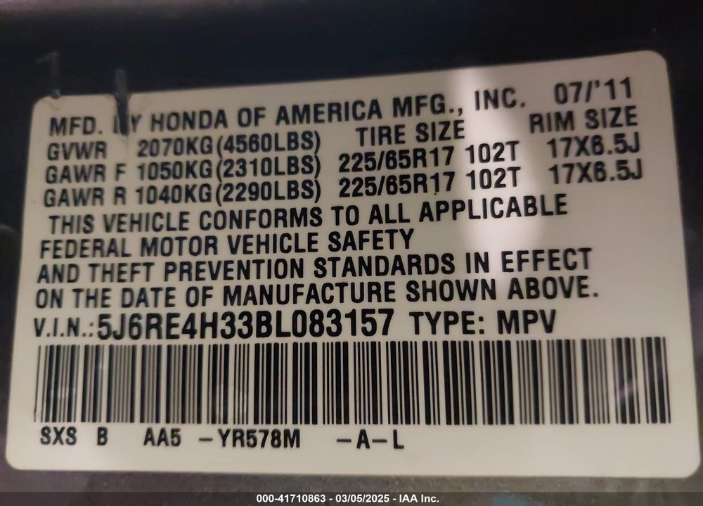 2011 HONDA CR-V VIN: 5J6RE4H33BL083157