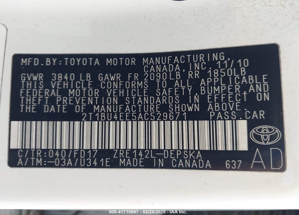 2010 TOYOTA COROLLA VIN: 2T1BU4EE5AC529671