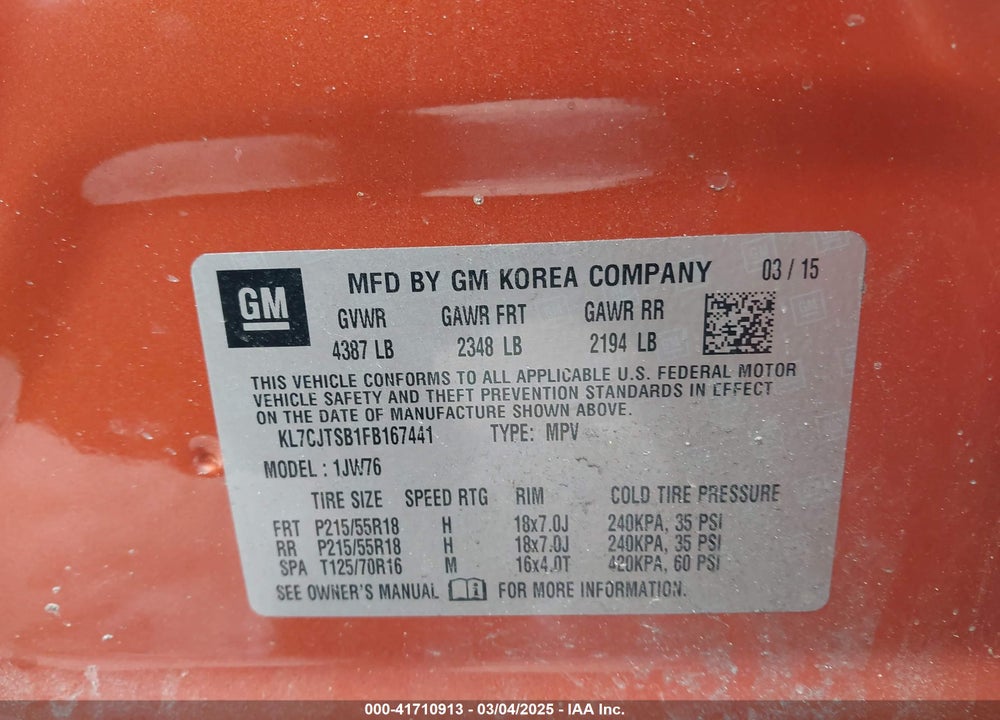 2015 CHEVROLET TRAX LTZ VIN: KL7CJTSB1FB167441