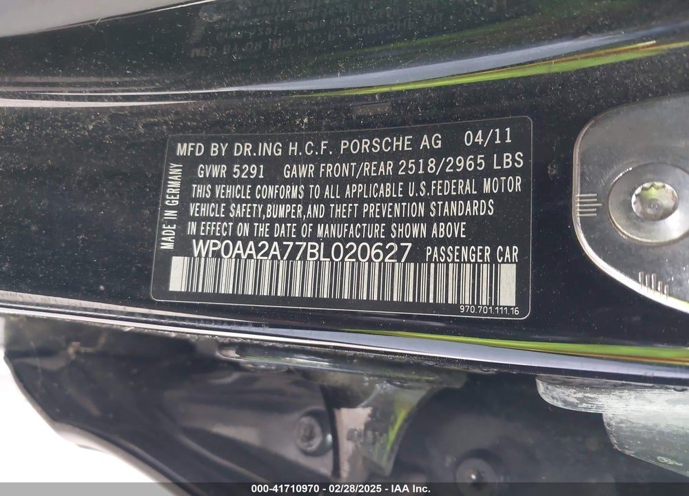 2011 PORSCHE PANAMERA VIN: WP0AA2A77BL020627