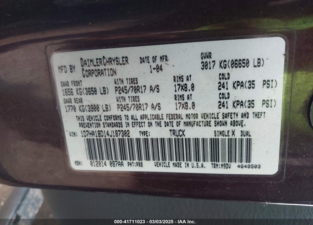 2004 DODGE RAM 1500 VIN: 1D7HA18D14J187302