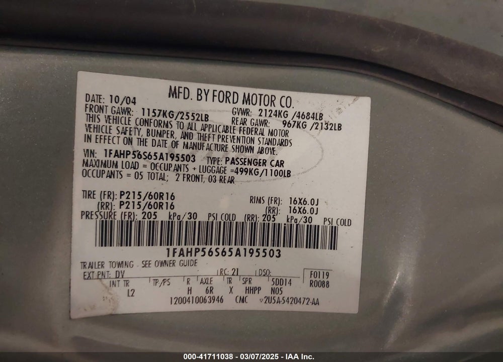 2005 FORD TAURUS VIN: 1FAHP56S65A195503