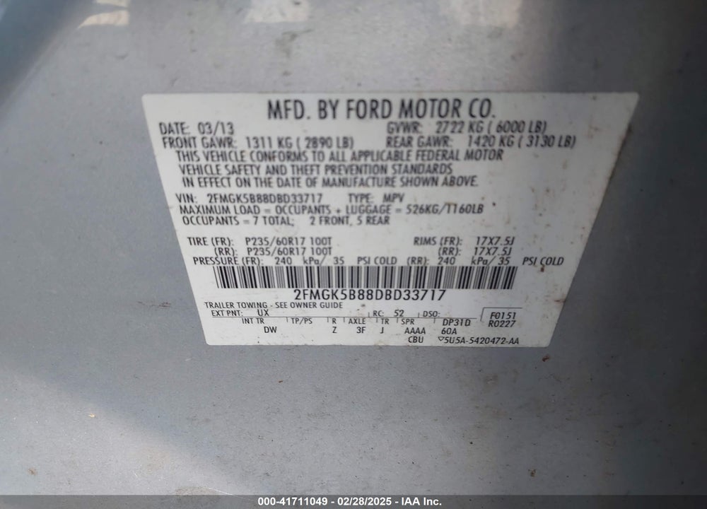 2013 FORD FLEX SE VIN: 2FMGK5B88DBD33717