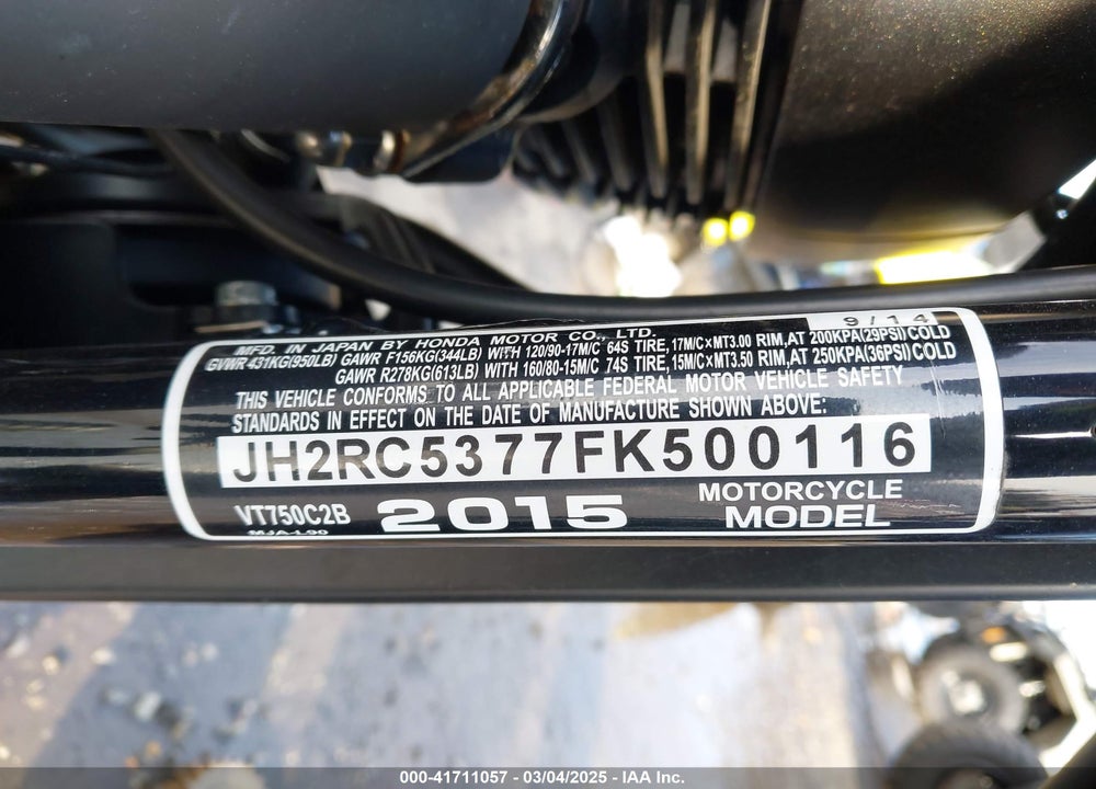 2015 HONDA VT750 C2B VIN: JH2RC5377FK500116