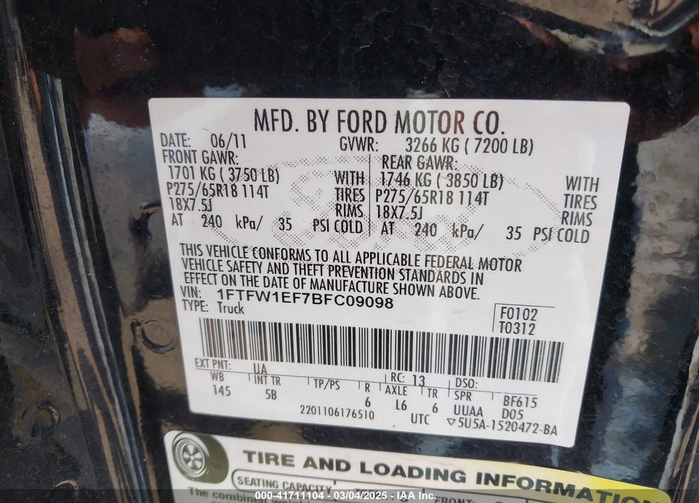 2011 FORD F-150 VIN: 1FTFW1EF7BFC09098