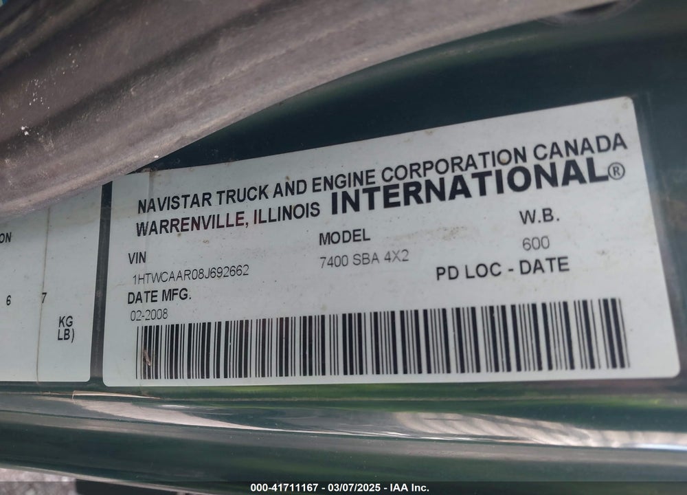 2008 INTERNATIONAL 7000 7400 VIN: 1HTWCAAR08J692662