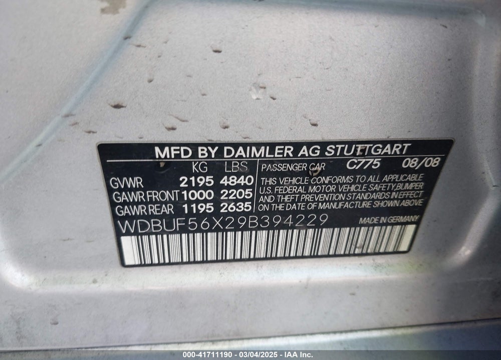 2009 MERCEDES-BENZ E 350 VIN: WDBUF56X29B394229
