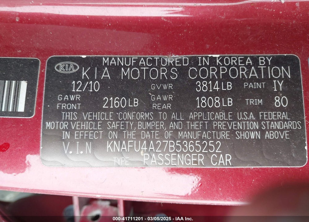2011 KIA FORTE VIN: KNAFU4A27B5365252