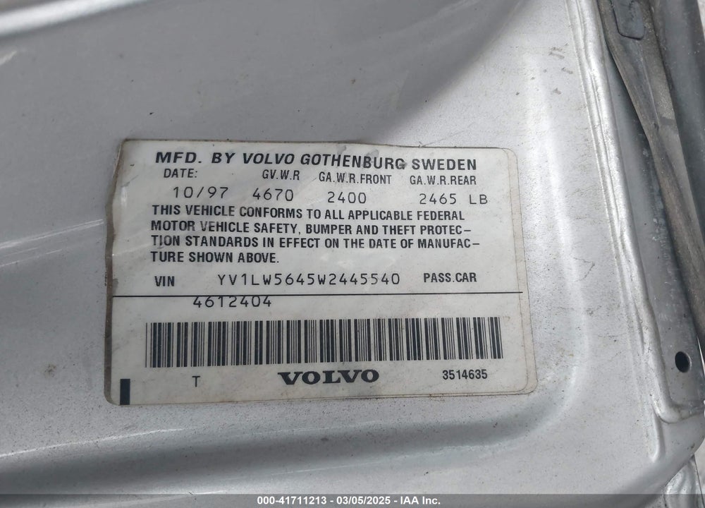 1998 VOLVO V70 VIN: YV1LW5645W2445540