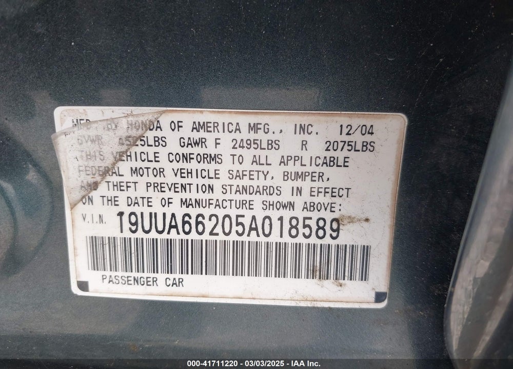 2005 ACURA TL VIN: 19UUA66205A018589