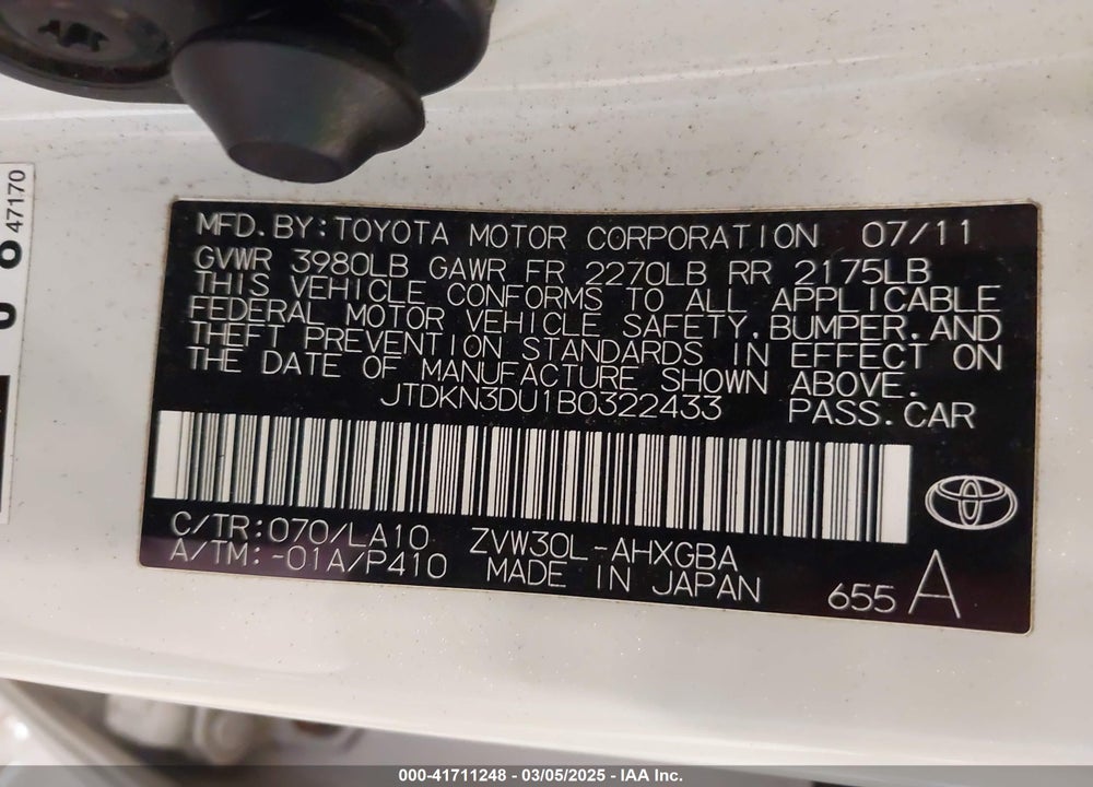 2011 TOYOTA PRIUS FOUR VIN: JTDKN3DU1B0322433