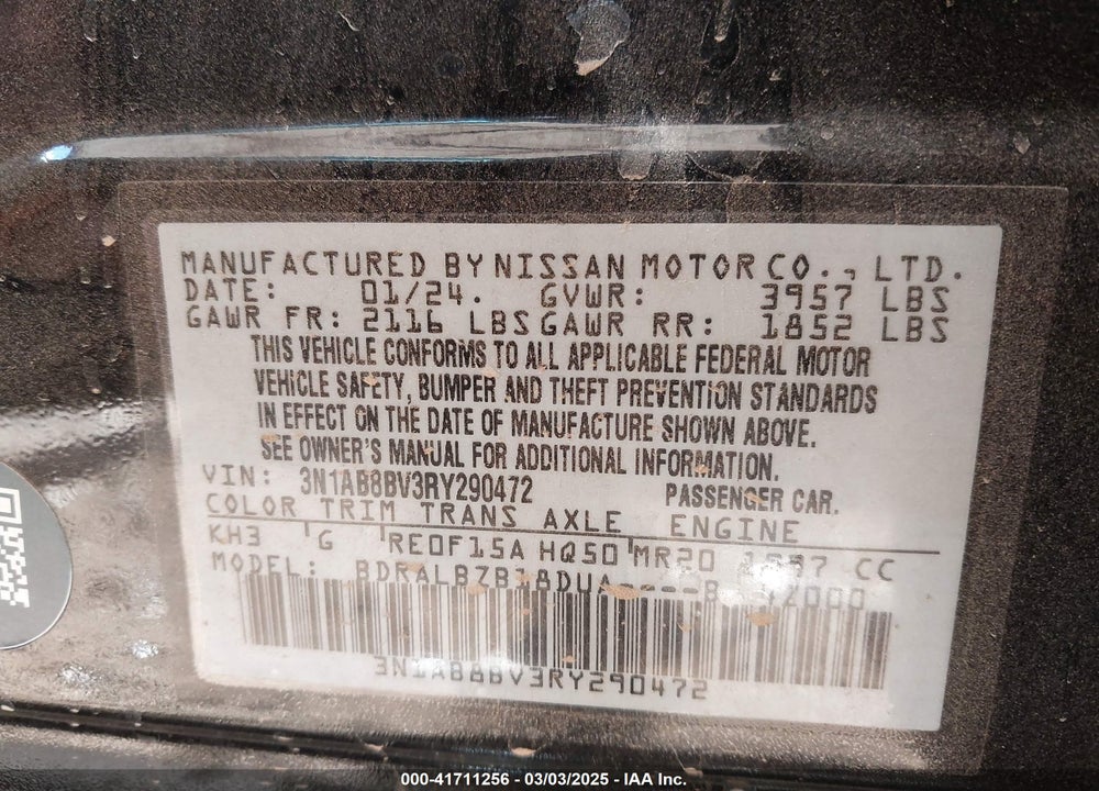 2024 NISSAN SENTRA S XTRONIC CVT VIN: 3N1AB8BV3RY290472