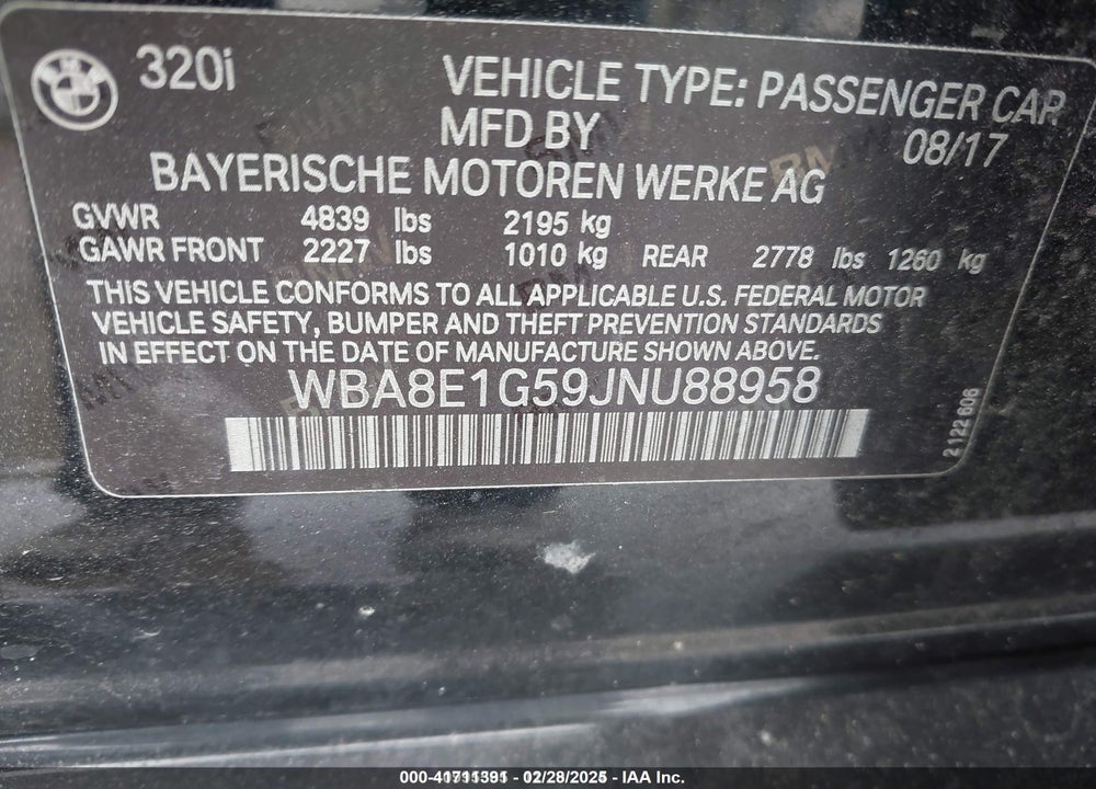 2018 BMW 320I VIN: WBA8E1G59JNU88958
