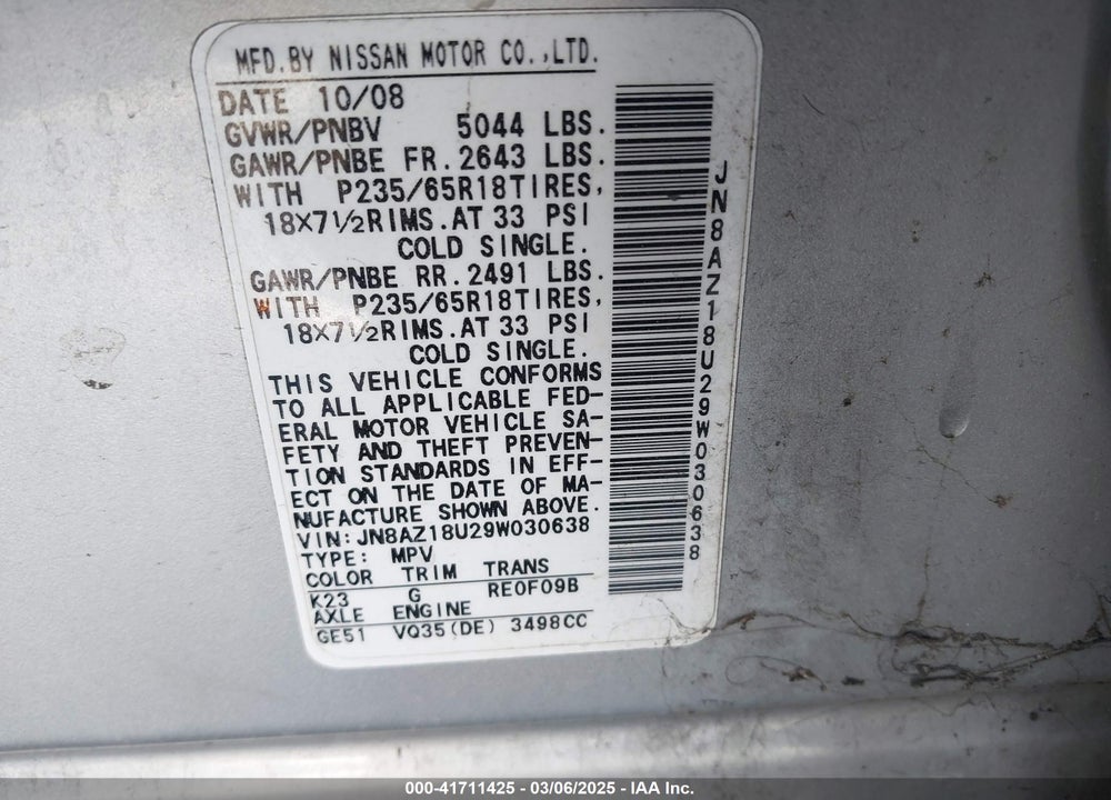 2009 NISSAN MURANO VIN: JN8AZ18U29W030638