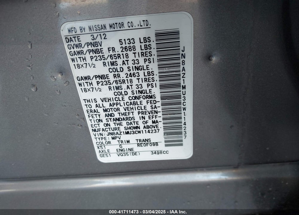 2012 NISSAN MURANO VIN: JN8AZ1MU3CW114237