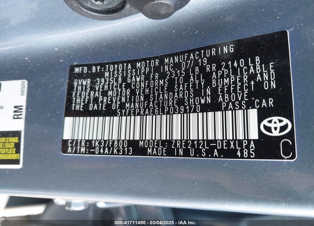 2020 TOYOTA COROLLA VIN: 5YFEPRAE6LP039170