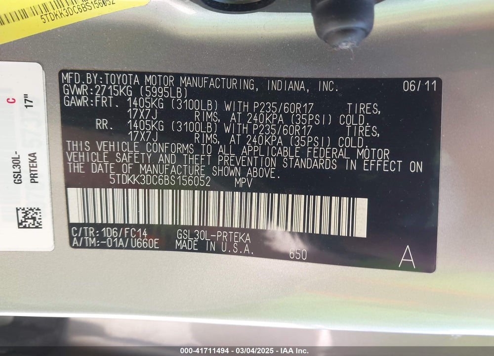 2011 TOYOTA SIENNA LE V6 VIN: 5TDKK3DC6BS156052