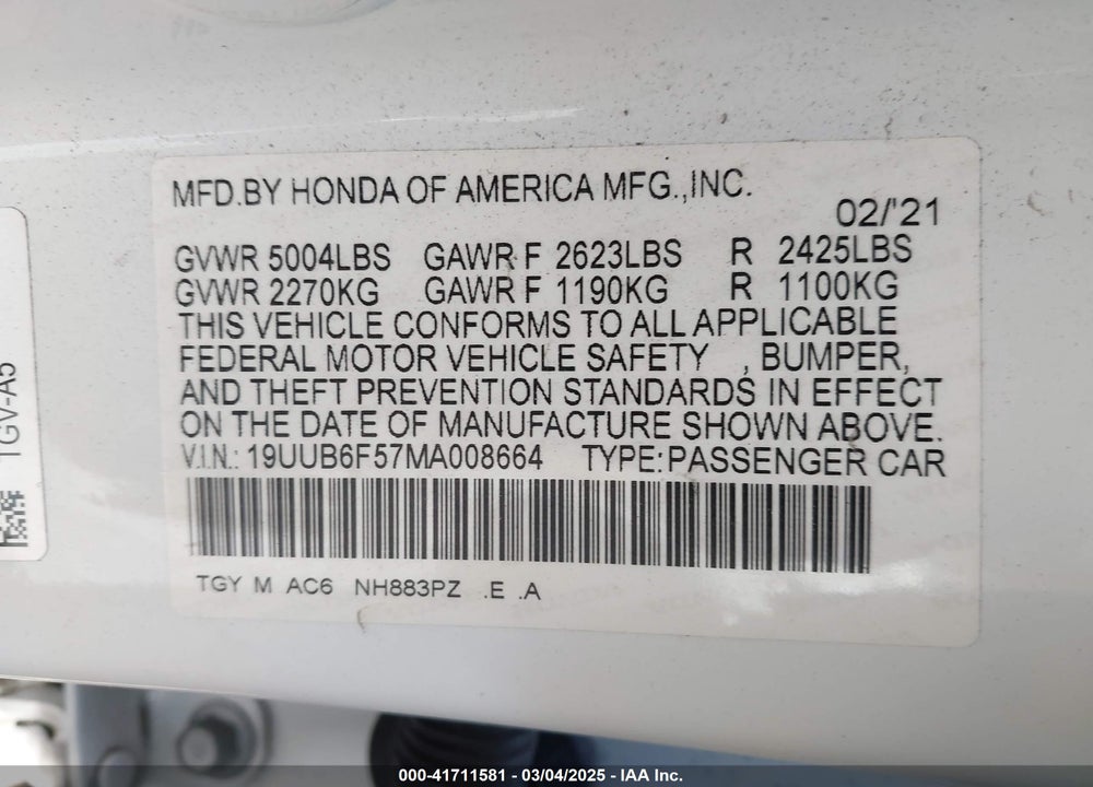 2021 ACURA TLX A-SPEC PACKAGE VIN: 19UUB6F57MA008664