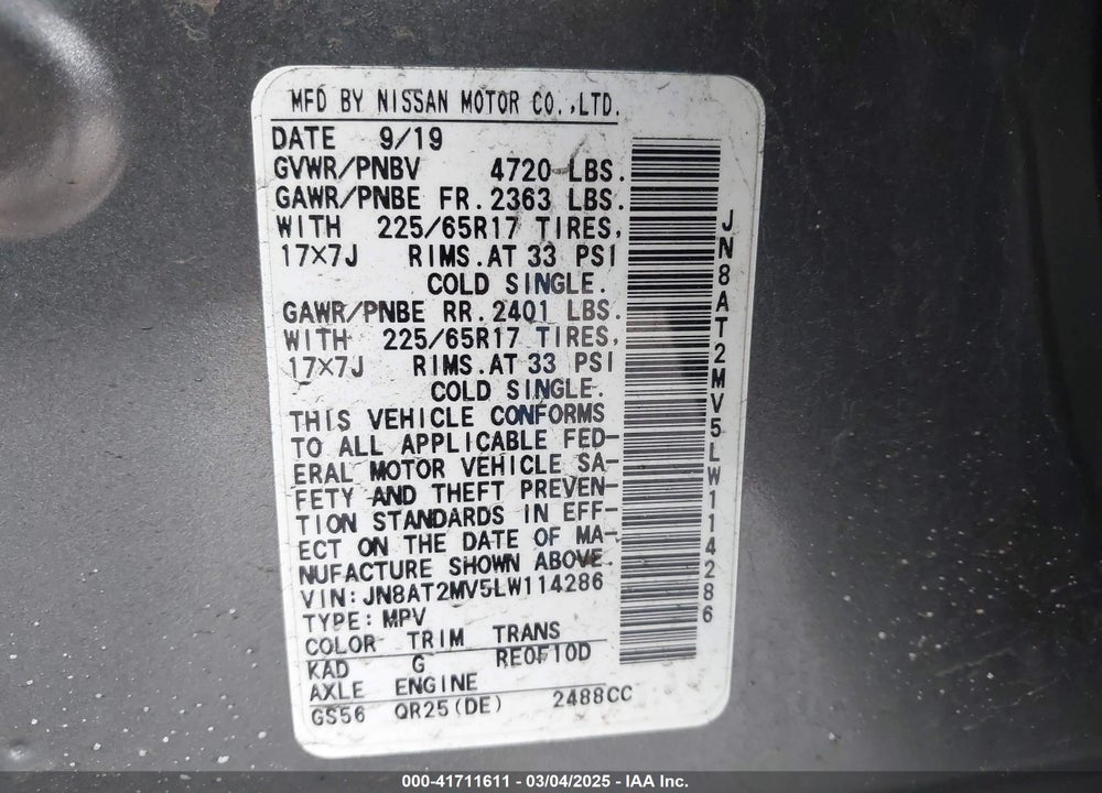 2020 NISSAN ROGUE VIN: JN8AT2MV5LW114286