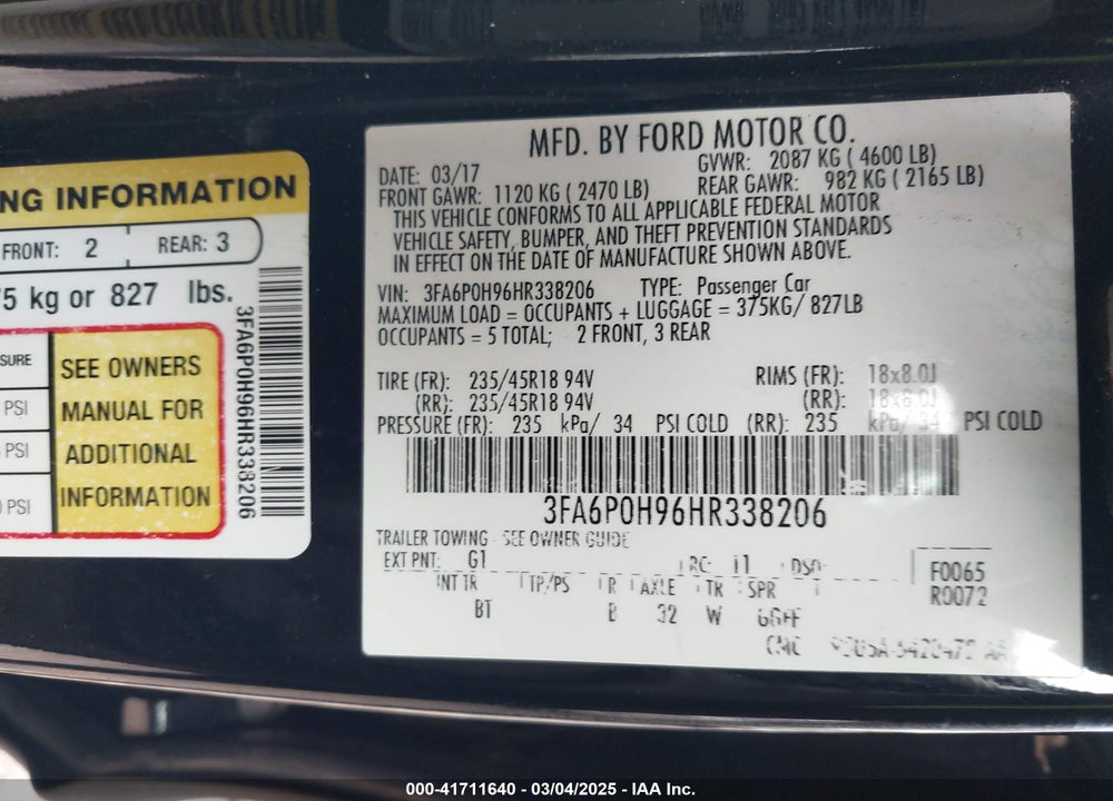 2017 FORD FUSION SE VIN: 3FA6P0H96HR338206