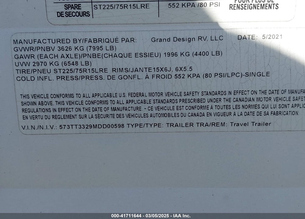 2021 GRAND DESIGN OTHER VIN: 573TT3329MDD00598