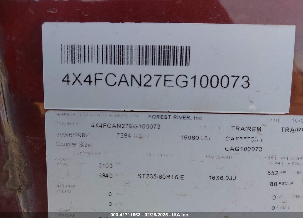 2014 FOREST RIVER CARDINAL VIN: 4X4FCAN27EG100073
