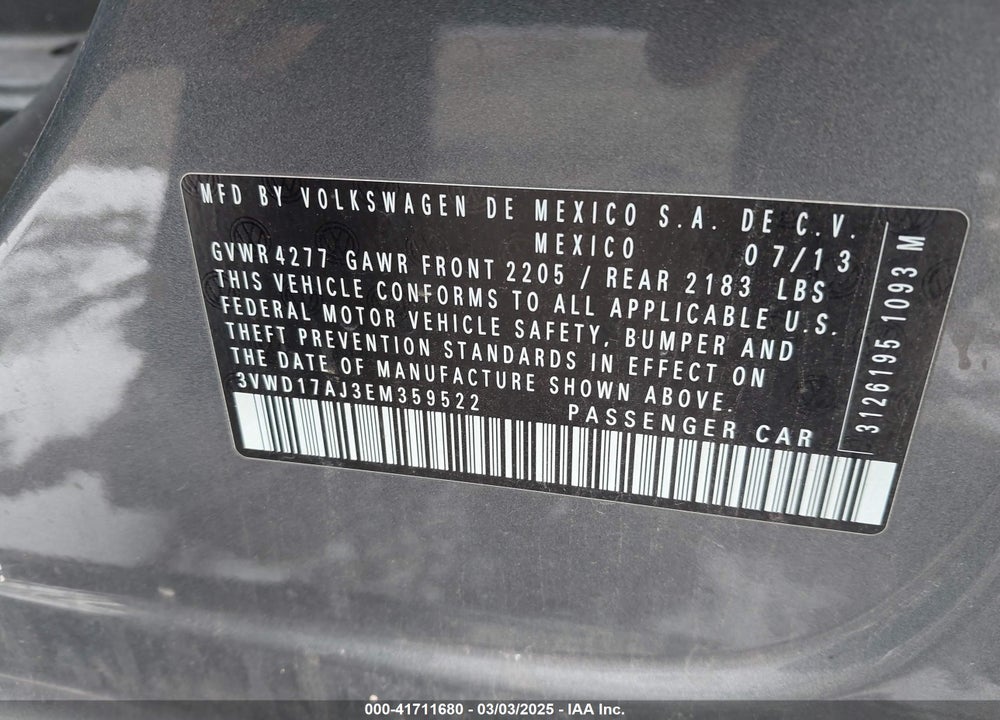 2014 VOLKSWAGEN JETTA VIN: 3VWD17AJ3EM359522