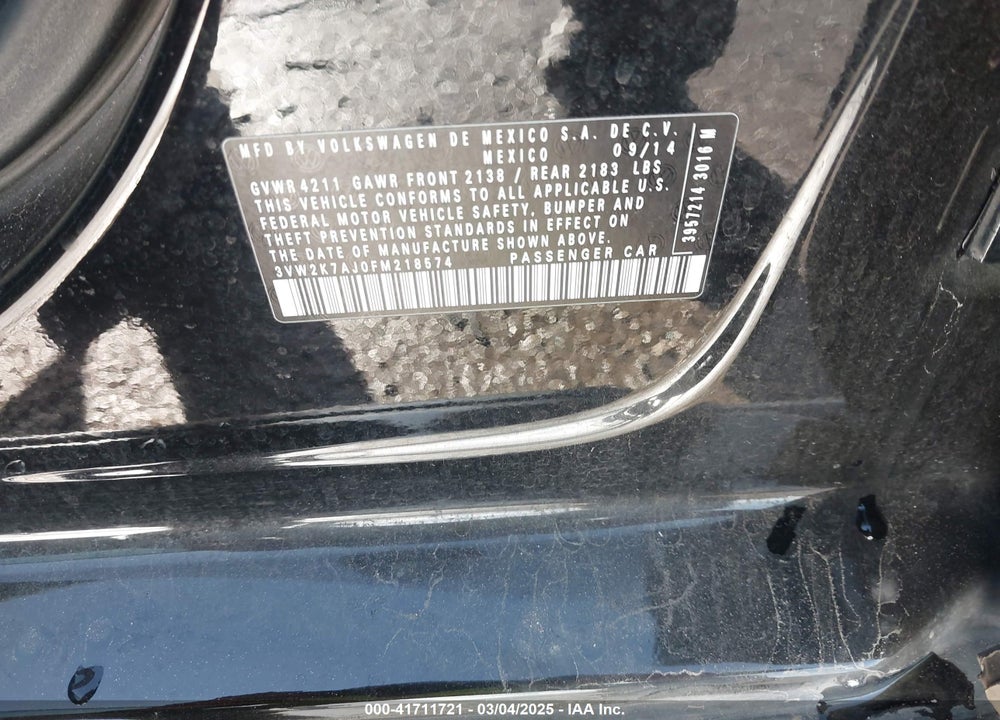 2015 VOLKSWAGEN JETTA VIN: 3VW2K7AJ0FM218574
