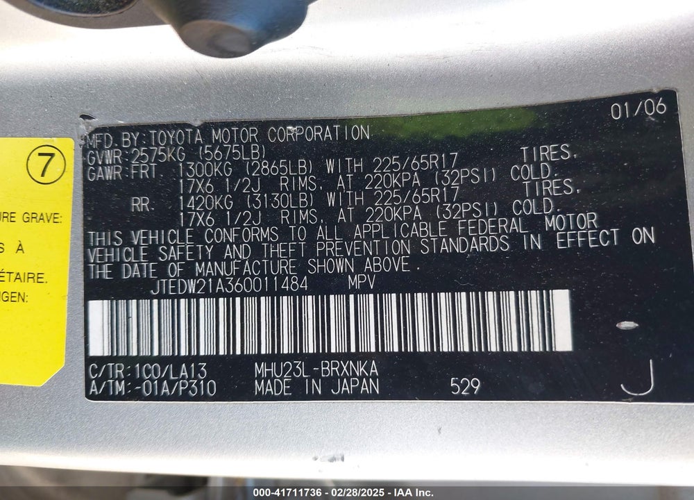 2006 TOYOTA HIGHLANDER HYBRID LIMITED V6 VIN: JTEDW21A360011484