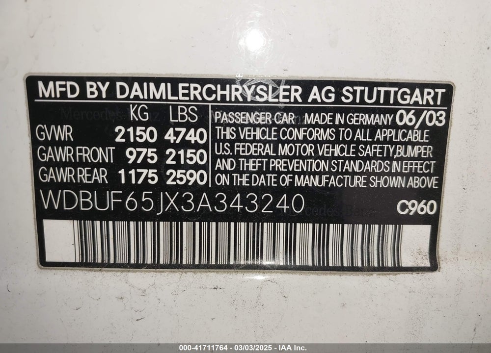 2003 MERCEDES-BENZ E 320 VIN: WDBUF65JX3A343240