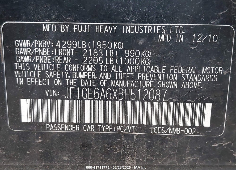2011 SUBARU IMPREZA VIN: JF1GE6A6XBH512087