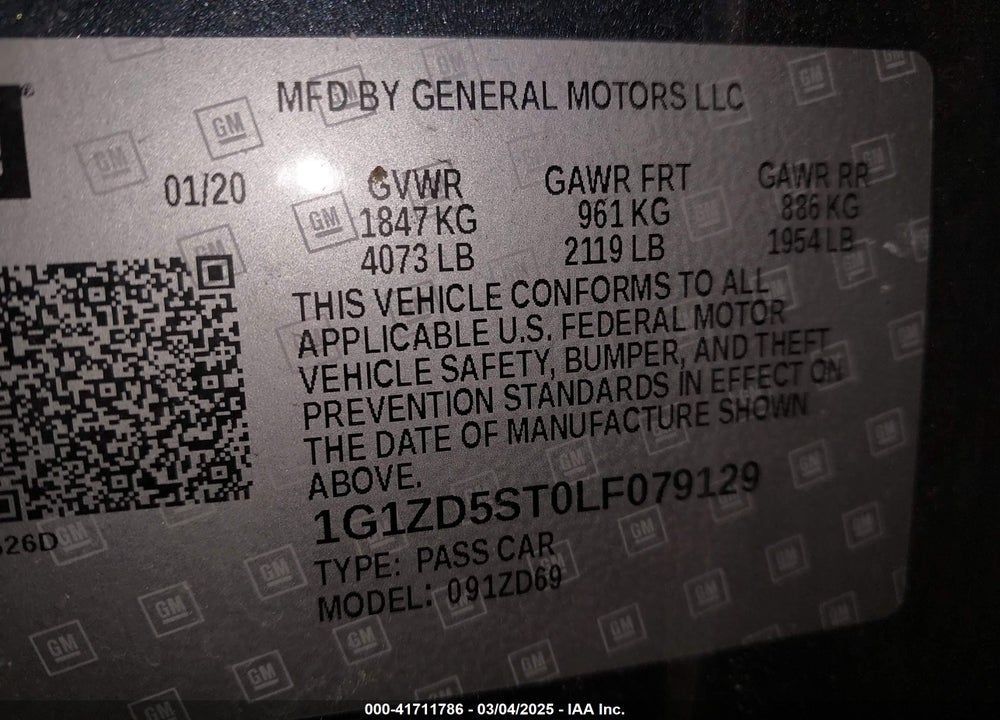 2020 CHEVROLET MALIBU VIN: 1G1ZD5ST0LF079129