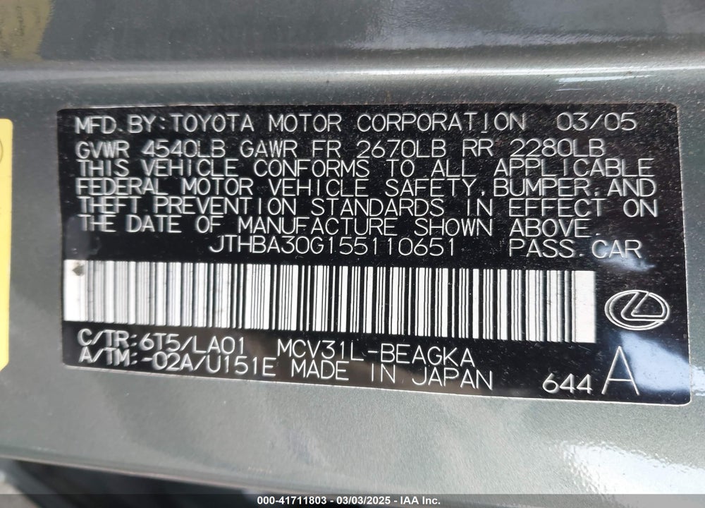 2005 LEXUS ES 330 VIN: JTHBA30G155110651