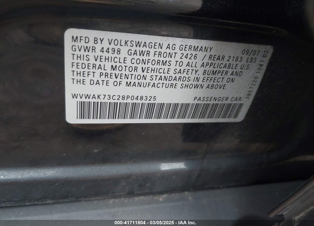2008 VOLKSWAGEN PASSAT VIN: WVWAK73C28P048325