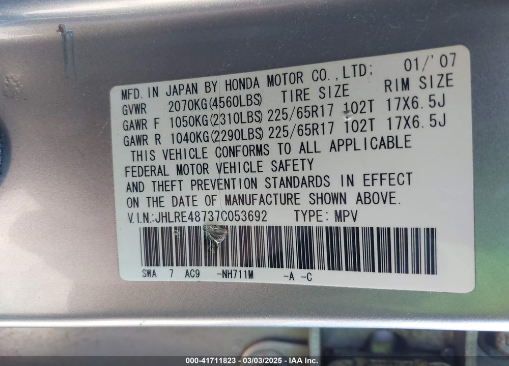 2007 HONDA CR-V EX-L VIN: JHLRE48737C053692