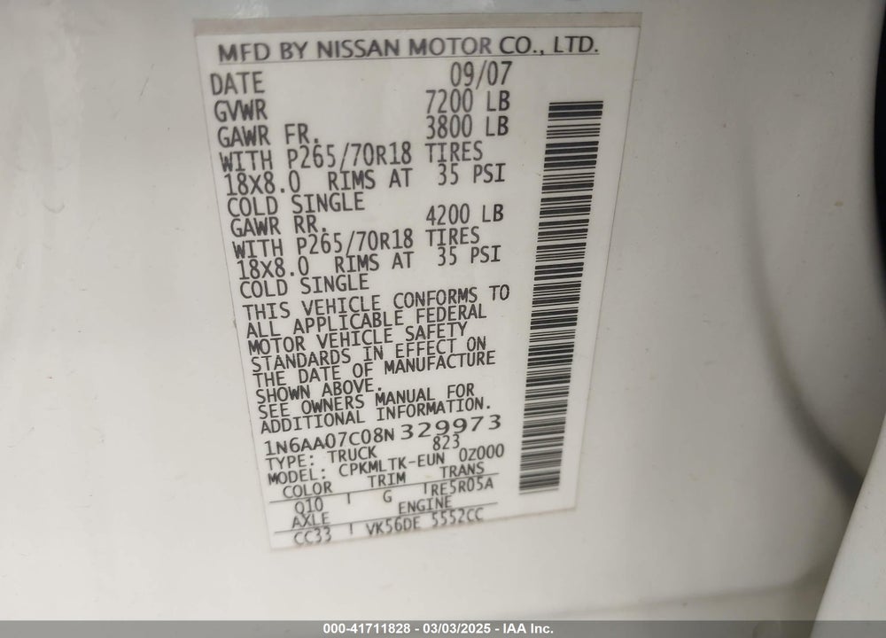 2008 NISSAN TITAN VIN: 1N6AA07C08N329973
