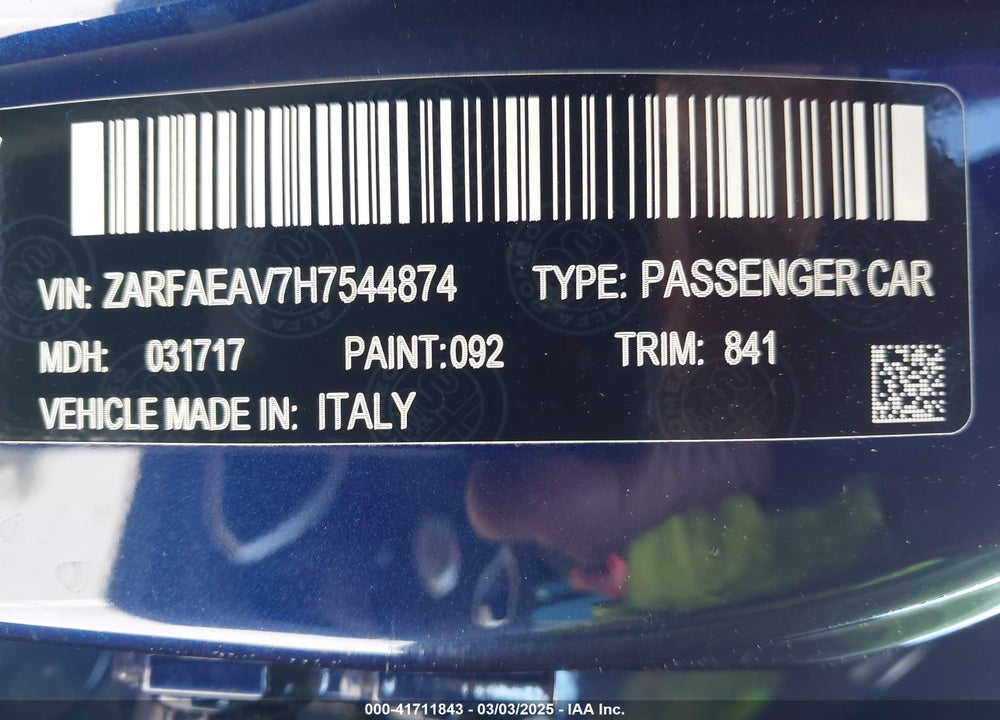 2017 ALFA ROMEO GIULIA QUADRIFOGLIO RWD VIN: ZARFAEAV7H7544874