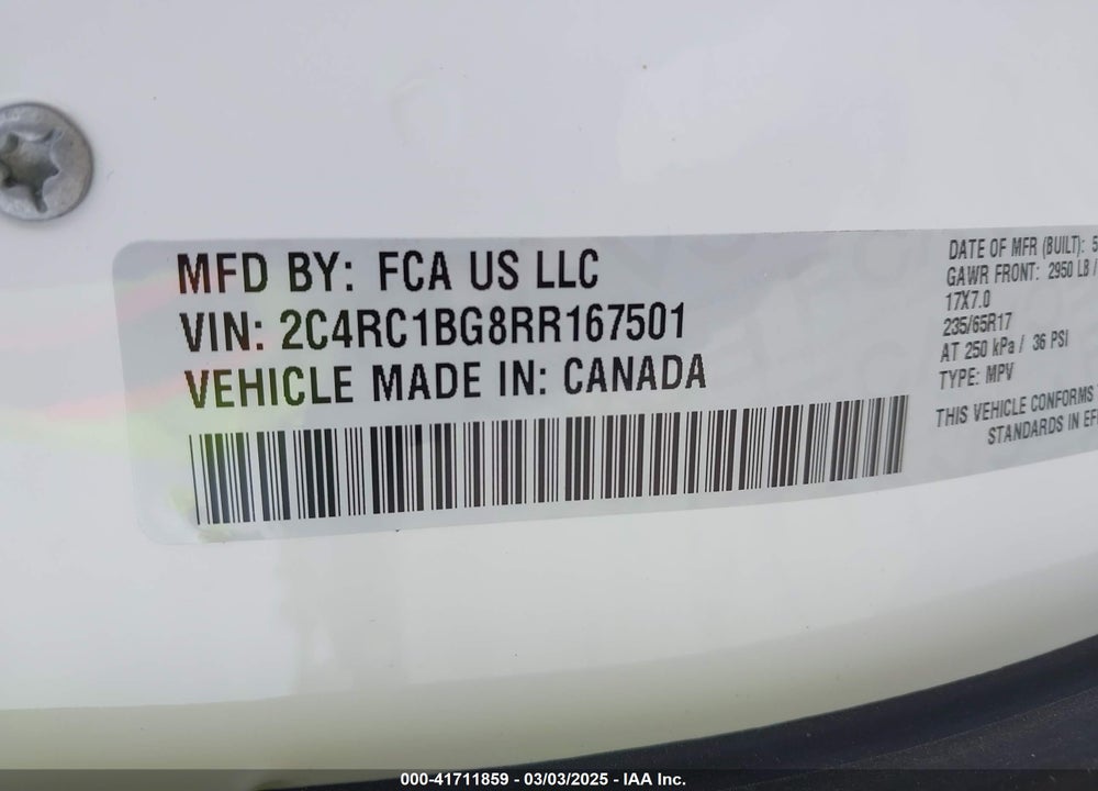 2024 CHRYSLER PACIFICA TOURING L VIN: 2C4RC1BG8RR167501
