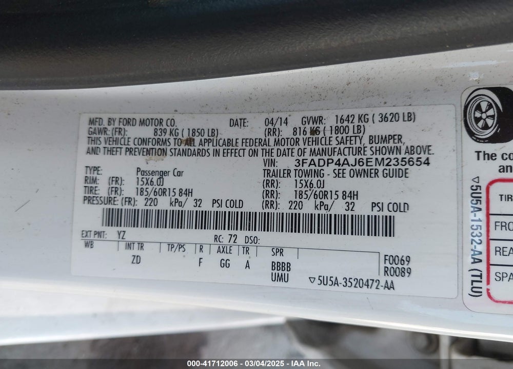 2014 FORD FIESTA VIN: 3FADP4AJ6EM235654