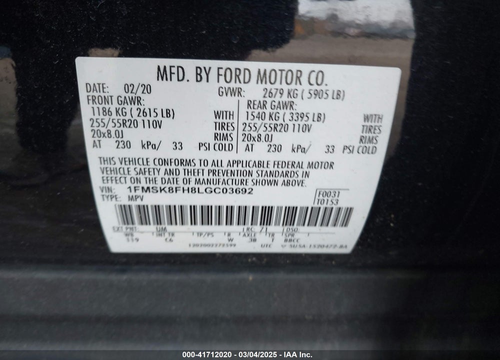 2020 FORD EXPLORER LIMITED VIN: 1FMSK8FH8LGC03692