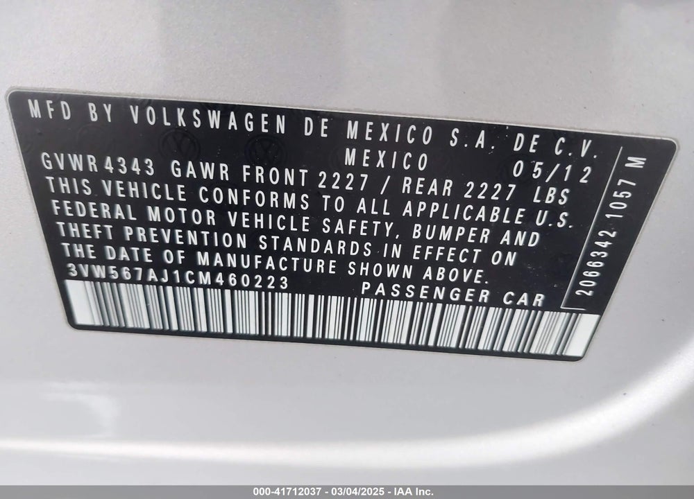 2012 VOLKSWAGEN JETTA VIN: 3VW567AJ1CM460223