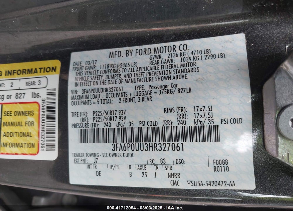 2017 FORD FUSION HYBRID VIN: 3FA6P0UU3HR327061