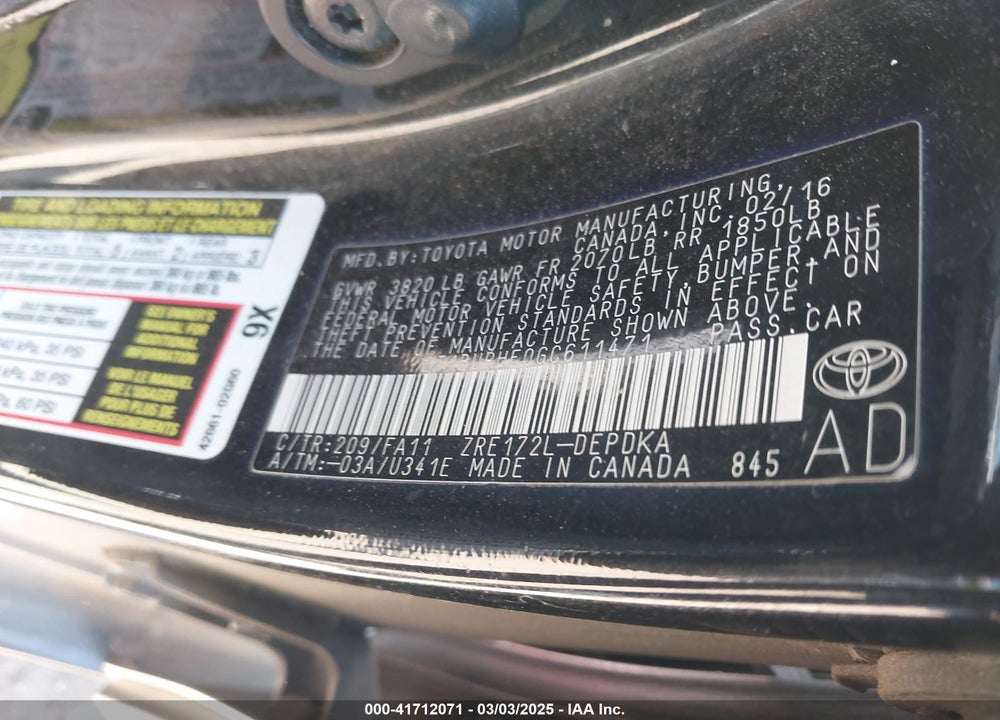 2016 TOYOTA COROLLA VIN: 2T1BURHE0GC611471