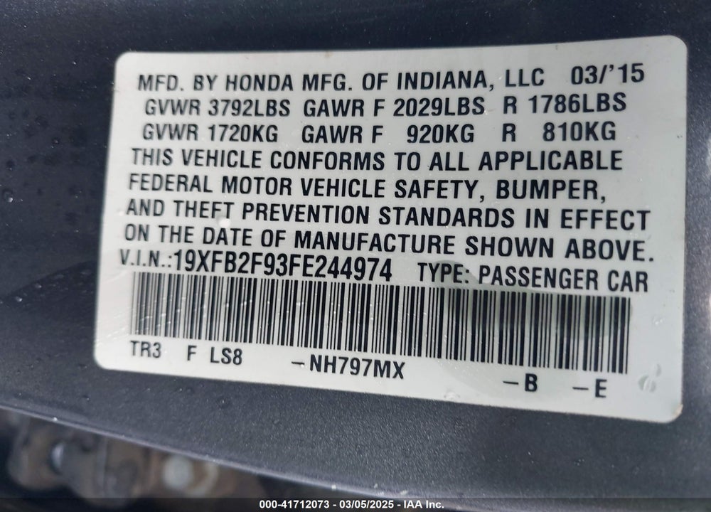 2015 HONDA CIVIC VIN: 19XFB2F93FE244974