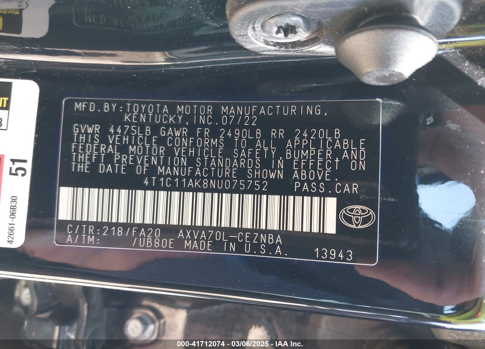 2022 TOYOTA CAMRY VIN: 4T1C11AK8NU075752